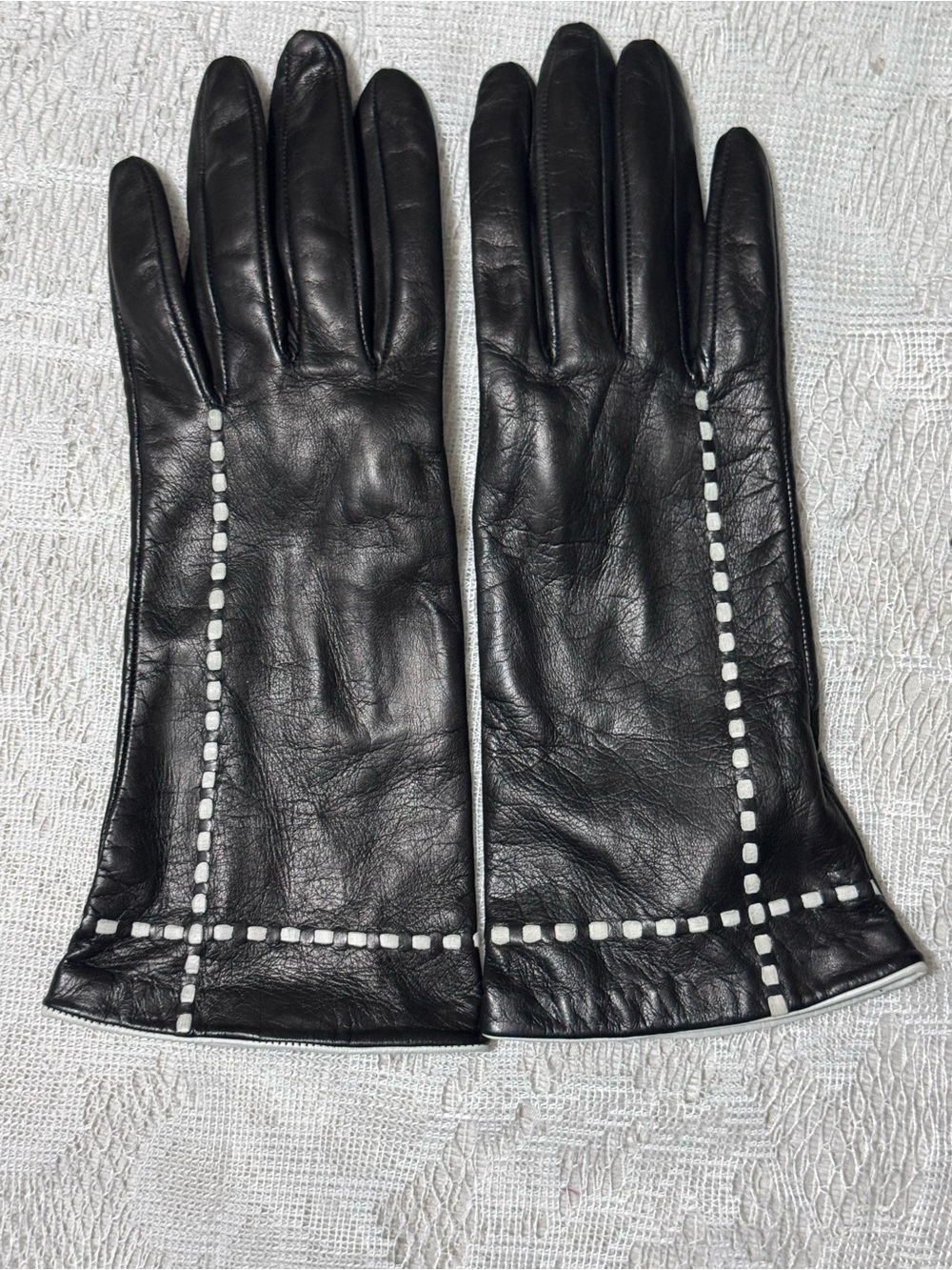 VTG Lord & Taylor Leather Gloves with White Square Stitching and Silk Lining